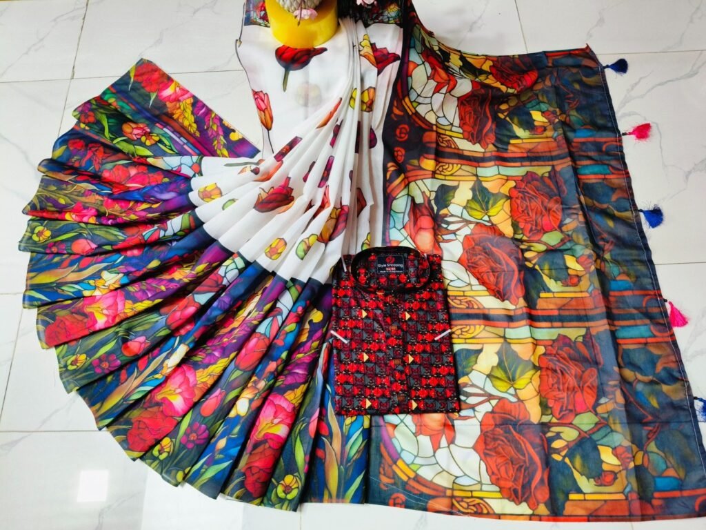 চান্দুরী ডিজিটাল প্রিন্টের শাড়ি এবং পাঞ্জাবি কাপল ড্রেস