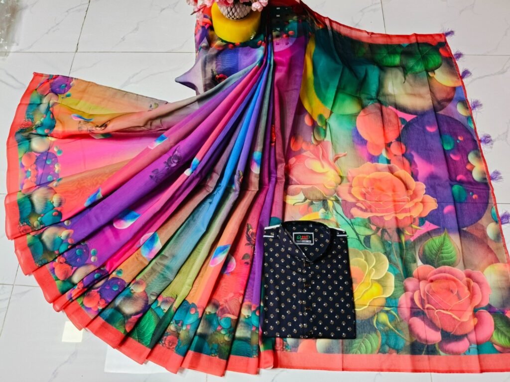 চান্দুরী ডিজিটাল প্রিন্টের শাড়ি এবং পাঞ্জাবি কাপল ড্রেস